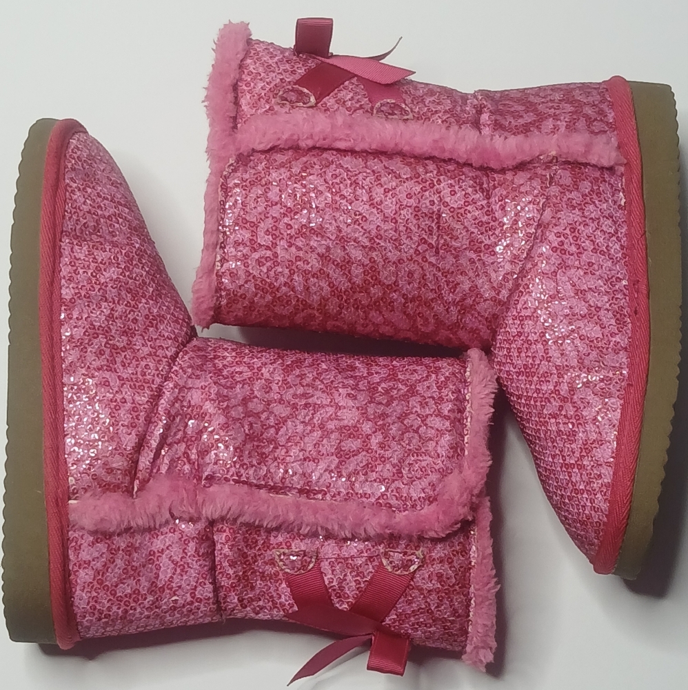 Unbranded Sequin‎ Winter Boots Girls Pink Bow Faux Fur Trim Sparkly Boots